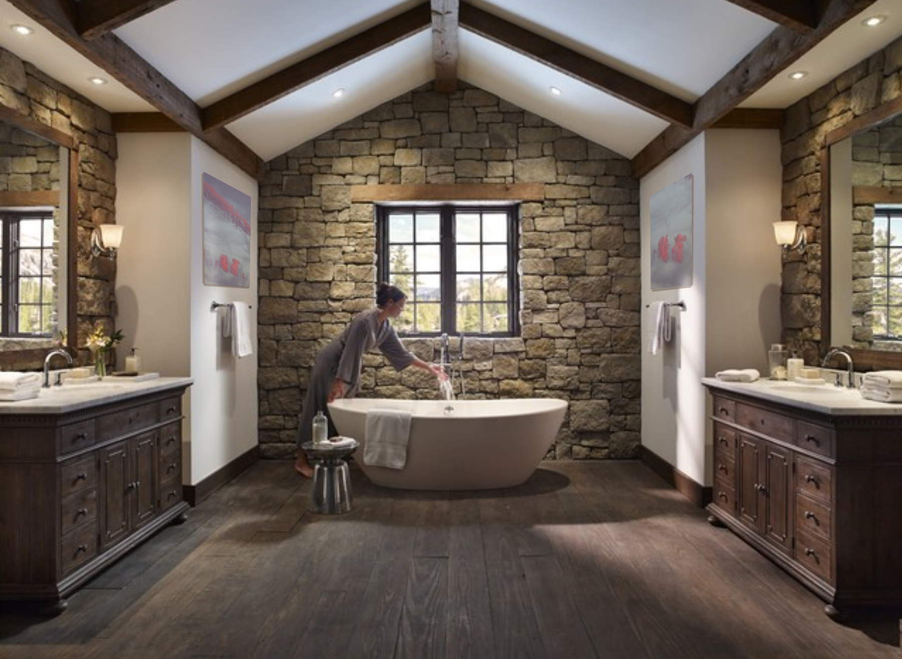 “Clouds of Love and Passion (3) & (4)” in a mountain style bathroom