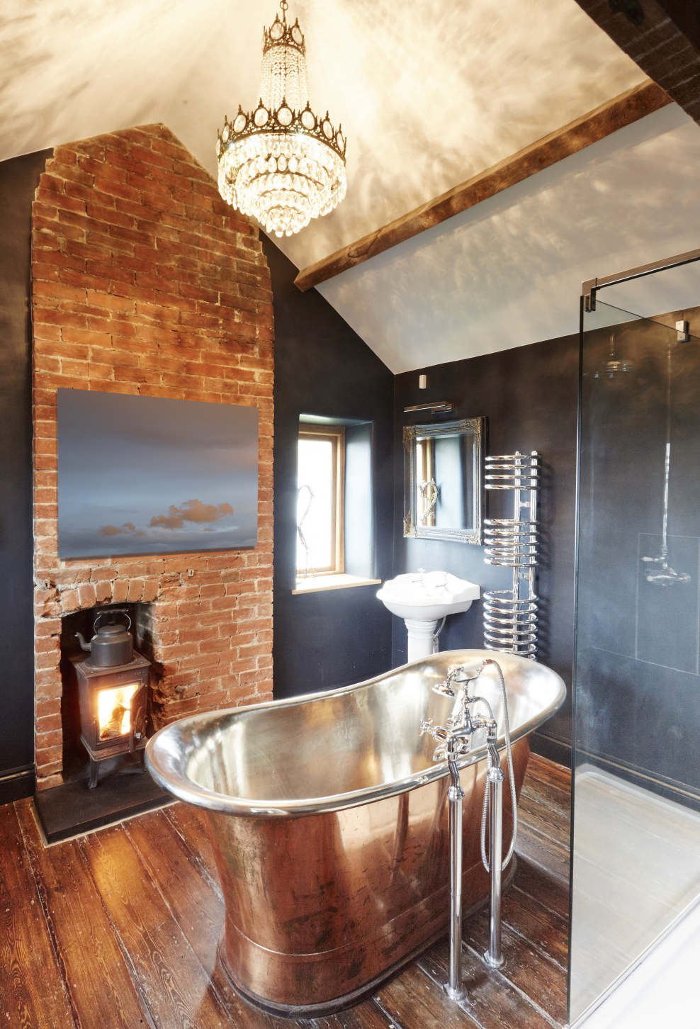“Rusty Skies (5)” in a rustic bathroom
