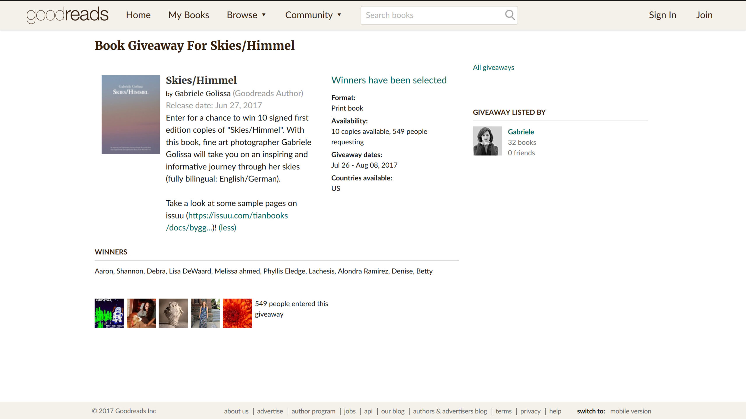 Goodreads Book Giveaway of "Skies/Himmel" Was a Big Success